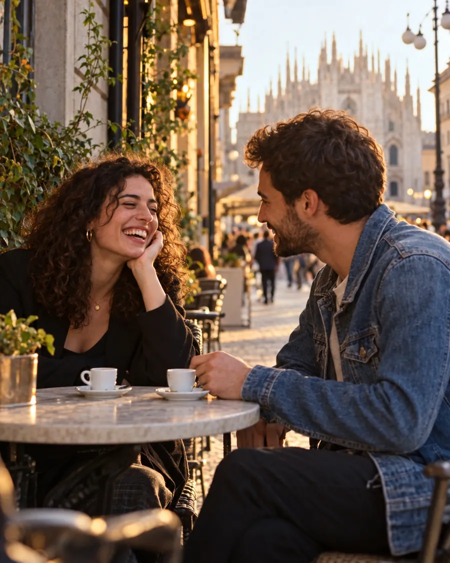 Una ragazza e un ragazzo ridono a un tavolino all'aperto, davanti a due caffè